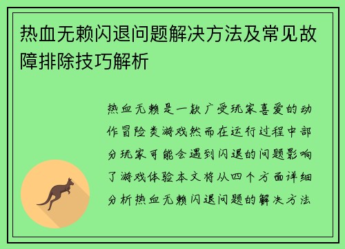 热血无赖闪退问题解决方法及常见故障排除技巧解析